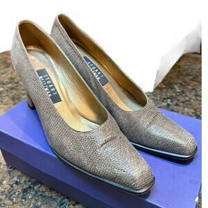 Stuart Weitzman Luxe Taupe Black Lusso Nappa Classic Block Heel Sz 9 EUC